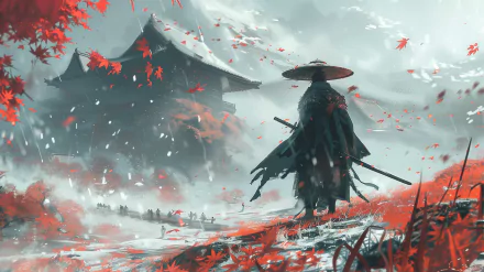 HD desktop wallpaper of Ghost of Tsushima with a samurai standing amidst vibrant fall leaves in Japan, showcasing traditional architecture in the background.