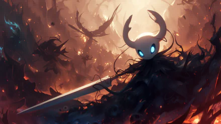 HD desktop wallpaper featuring a character from the video games Hollow Knight and Hollow Knight: Silksong, wielding a sword against a dark, fiery backdrop.
