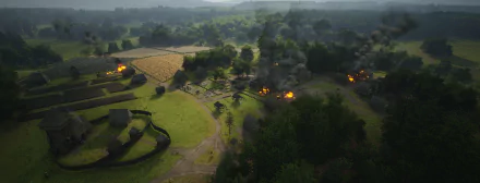 HD wallpaper of the video game 'Manor Lords' depicting a medieval village with burning houses and lush forests in the background.