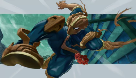 HD PC desktop wallpaper featuring an intense action scene from the anime My Hero Academia with a dynamic character in mid-air against a geometric background.