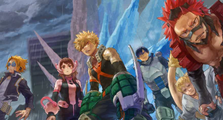 HD anime wallpaper featuring characters from My Hero Academia in a dynamic group pose with a dramatic, stormy background.