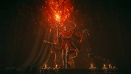 HD desktop wallpaper featuring Messmer the Impaler from Elden Ring: Shadow of the Erdtree, depicted with a fiery aura and surrounded by dimly lit candles.