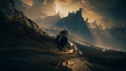 A dark, atmospheric scene from Elden Ring: Shadow of the Erdtree showcasing a player on horseback approaching a castle at dusk. HD desktop wallpaper and background.