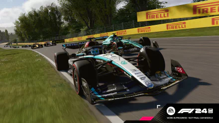 HD wallpaper of the F1 24 video game showing a thrilling high-speed race with multiple racing cars on a track, bordered by Pirelli barriers.