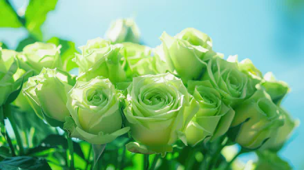 A vibrant 4K Ultra HD PC desktop wallpaper featuring a close-up of green roses against a bright blue sky, showcasing a serene flower landscape.