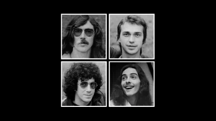 Black-and-white HD desktop wallpaper featuring portraits of Seru Giran band members Charly García, Pedro Aznar, David Lebón, and Oscar Moro in a grid layout.