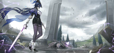 Clorinde from Genshin Impact stands with twin swords in a rainy landscape, detailed in 4K Ultra HD as a PC desktop wallpaper background.