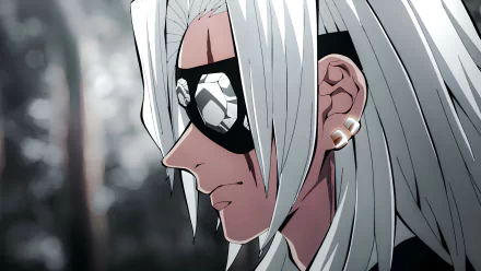 4K Ultra HD anime wallpaper featuring Tengen Uzui from Demon Slayer: Kimetsu no Yaiba in a close-up side profile with striking white hair and black eye mask.