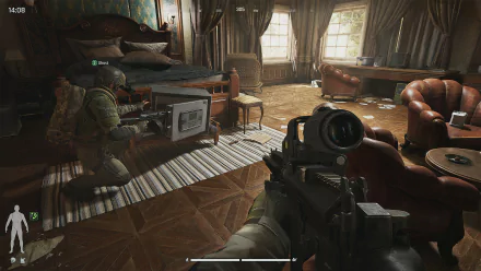 HD desktop wallpaper and background featuring intense gameplay from the video game Arena Breakout: Infinite, showcasing two armed characters in a richly detailed room with vintage furniture.