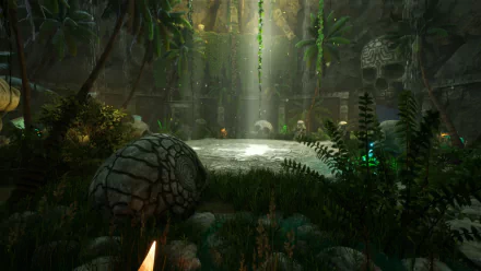 HD desktop wallpaper of the video game Rise Online, featuring a mystical jungle scene with ancient ruins, skull-shaped rocks, and lush vegetation illuminated by sunlight.