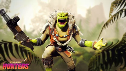 A HD desktop wallpaper featuring a character from the video game Star Wars: Hunters in a dynamic pose with a futuristic weapon, set against a lush, jungle-like background.