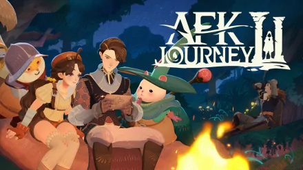 HD wallpaper of the video game AFK Journey, featuring characters gathered around a campfire in a forest setting at night.