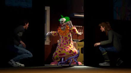 HD desktop wallpaper from the video game Killer Klowns from Outer Space: The Game, depicting a colorful, menacing clown confronting two crouched humans in a dimly lit room.