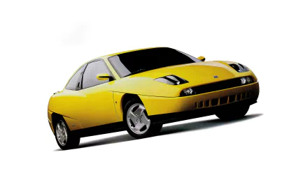 HD desktop wallpaper featuring a sleek yellow Fiat Coupe against a plain white background. The stylish vehicle is prominently displayed, highlighting its modern design and vibrant color.