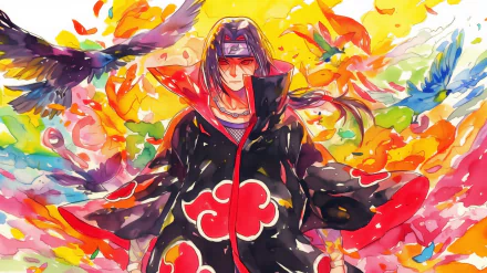 HD wallpaper featuring Itachi Uchiha from Naruto, clad in Akatsuki robes, surrounded by vivid, colorful artwork and birds.