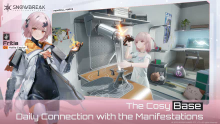 HD desktop wallpaper featuring Snowbreak: Containment Zone. Two characters are shown interacting in a cozy, futuristic base with the text Daily Connection with the Manifestations displayed prominently.
