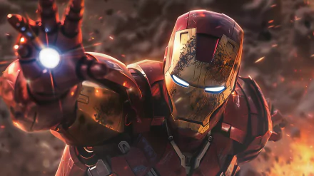 HD desktop wallpaper of Iron Man, a member of the Avengers, in a dynamic battle pose with his hand raised, ready to use his repulsor beam. The background is filled with sparks and smoke.