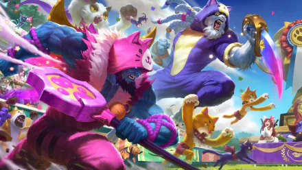 A vibrant HD desktop wallpaper featuring characters from the video game League of Legends, including Yorick from the Pentakill band, amidst a colorful, lively battle scene with fantastical elements.