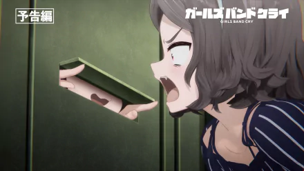 HD desktop wallpaper featuring an intense scene from the anime Girls Band Cry with a girl reacting strongly to an arm reaching through a door slit.