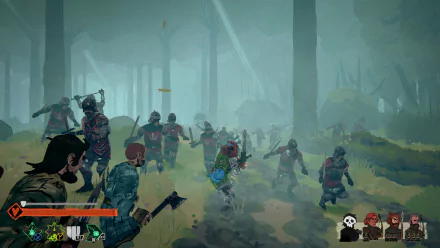 HD desktop wallpaper of the video game Tears of Metal, featuring a battle scene with characters in a misty, forested landscape.