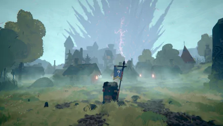 HD desktop wallpaper and background from the video game Tears of Metal featuring a misty village with a large energy explosion in the sky.