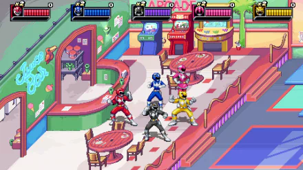 Five Power Rangers in colorful suits are striking poses in a vibrant cafe setting. This HD desktop wallpaper from Mighty Morphin Power Rangers: Rita’s Rewind showcases the characters in an action stance.