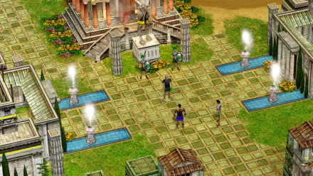 HD desktop wallpaper and background from the video game Age of Mythology: Retold, depicting an ancient Greek cityscape with characters positioned near a temple and fountains.