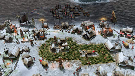 HD desktop wallpaper featuring a detailed village scene from the video game Age of Mythology: Retold, showing various structures, ships on water, and characters engaging in everyday activities.