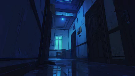 A HD anime wallpaper featuring a dimly-lit, lonely hall with a door ajar, reflecting a melancholic atmosphere. The hall is detailed with reflections and shadows, enhancing the mood.