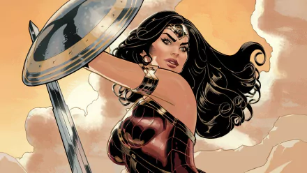 HD PC desktop wallpaper featuring Wonder Woman in dynamic action, illustrated by Terry Dodson for DC Comics.
