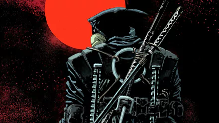 The Last Ronin — lone Teenage Mutant Ninja Turtle in dark ronin gear, katanas on their back beneath a red moon; HD PC wallpaper art by Esau & Isaac Escorza for IDW.