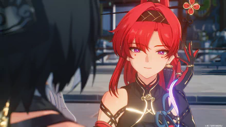 HD desktop wallpaper of the character Yinlin from the video game Wuthering Waves, featuring Yinlin with red hair and a detailed backdrop.