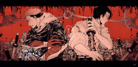 HD desktop wallpaper featuring Yuji Itadori and Yuta Okkotsu from the anime and manga series Jujutsu Kaisen, set against a vibrant red background.