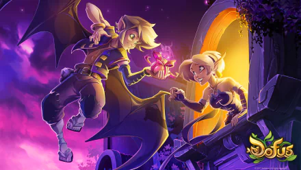 HD desktop wallpaper featuring characters from the video game Dofus. One character appears to be flying with bat-like wings, holding a glowing item, while another reaches out toward them at an illuminated doorway.