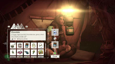 A HD desktop wallpaper featuring a video game scene from Cairn. The in-game character is selecting chocolate from an inventory menu to cook, surrounded by warm, ambient lighting.