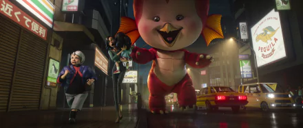 HD wallpaper of Ultraman: Rising movie, featuring characters running from a giant, playful red creature in a vibrant city street at night.