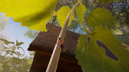 HD desktop wallpaper of the video game Empire of the Ants showing an ant climbing a plant stem amidst vibrant green leaves.