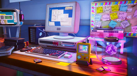 A vibrant HD desktop wallpaper showcasing a retro gaming setup with a vintage computer, a handheld console, and colorful post-it notes on the background board, tagged under video game and Screenbound.