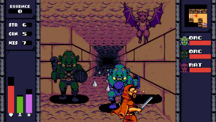 HD desktop wallpaper of the video game UFO 50, featuring a pixel art dungeon scene with an adventurer, orcs, and a bat-like creature. Stats and character icons frame the sides of the image for a retro gaming vibe.