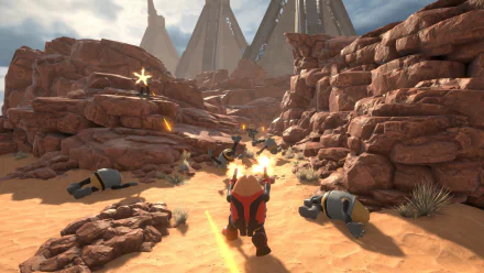 HD desktop wallpaper and background featuring a scene from the video game Killer Bean, showcasing an intense battle amidst rocky terrain with a character shooting at enemies.