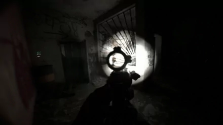 HD desktop wallpaper featuring a bodycam perspective from a first-person shooter video game, showcasing a rifle's sight aimed towards a dimly lit, graffiti-covered urban environment.
