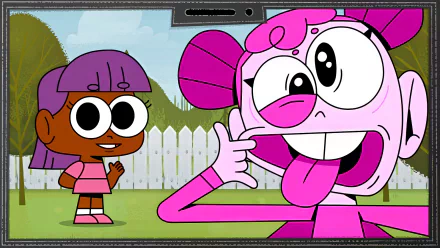 A vibrant HD desktop wallpaper featuring characters from the video game BLUD. One character playfully sticks their tongue out while another smiles in the background, set against a picket fence and trees.