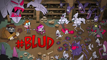 HD wallpaper featuring characters and monsters from the video game BLUD, with vibrant and detailed illustrations set in a dark, dungeon-like environment.