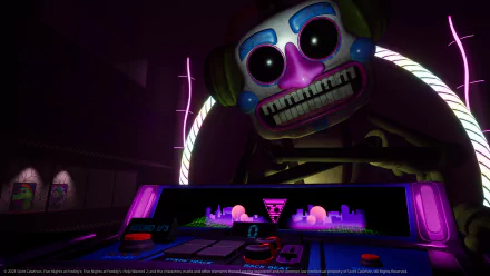 HD desktop wallpaper featuring a scene from the video game Five Nights at Freddy's: Help Wanted 2, showcasing a sinister animatronic face and a control panel with vibrant neon lights.