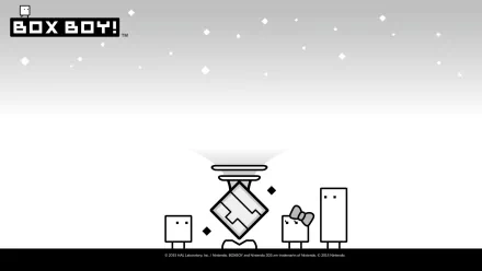 BOXBOY! HD PC desktop wallpaper — minimalist gray gradient with stars, cube-shaped BOXBOY and friends gathered at a pedestal with a glowing prize, logo in top-left.