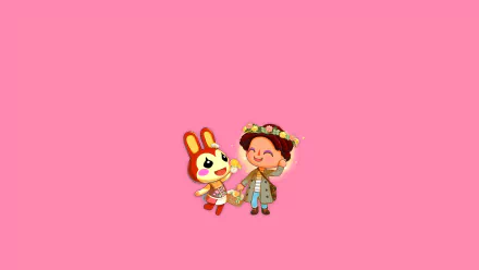 HD PC desktop wallpaper featuring cheerful characters from Animal Crossing: Pocket Camp on a solid pink background.
