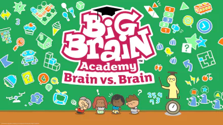 4K Ultra HD PC wallpaper featuring the colorful Big Brain Academy: Brain vs. Brain logo with playful icons and diverse characters against a bright green chalkboard background.