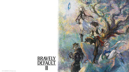 Bravely Default II 4K Ultra HD PC desktop wallpaper and background: watercolor-style artwork of four characters on a twisted tree with the game's logo on a white panel.