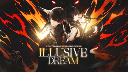 HD PC desktop wallpaper featuring Rover from Wuthering Waves with fiery orange and black tones and the text Illusive Dream in the center.