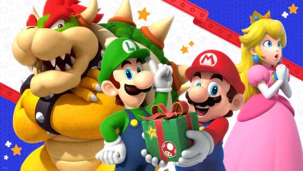 Super Mario 4K Ultra HD PC desktop wallpaper and background: Mario and Luigi hold a wrapped gift while Bowser grins and Princess Peach watches against a bright, starry patterned backdrop.